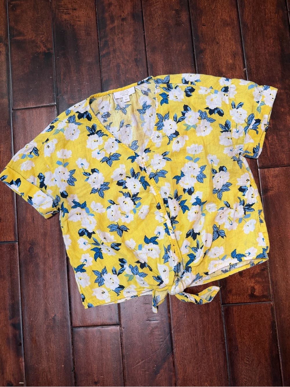 Charter Club - Yellow Linen Floral Tie-Front Crop Top